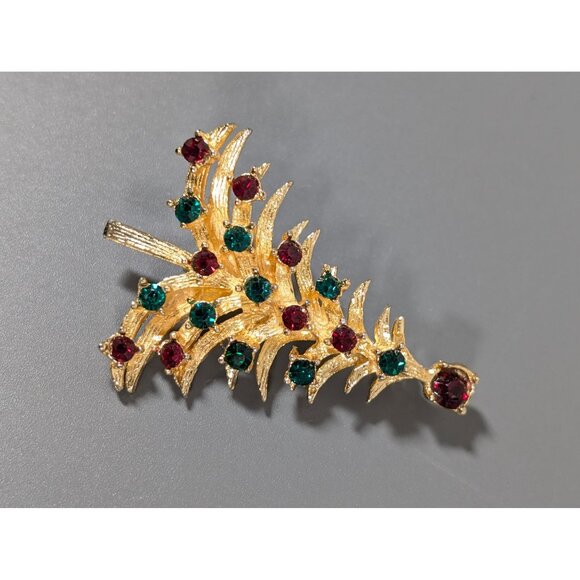 Vintage MYLU Christmas Tree Brooch Red Green Rhinestone Signed Gold Tone - Picture 3 of 6